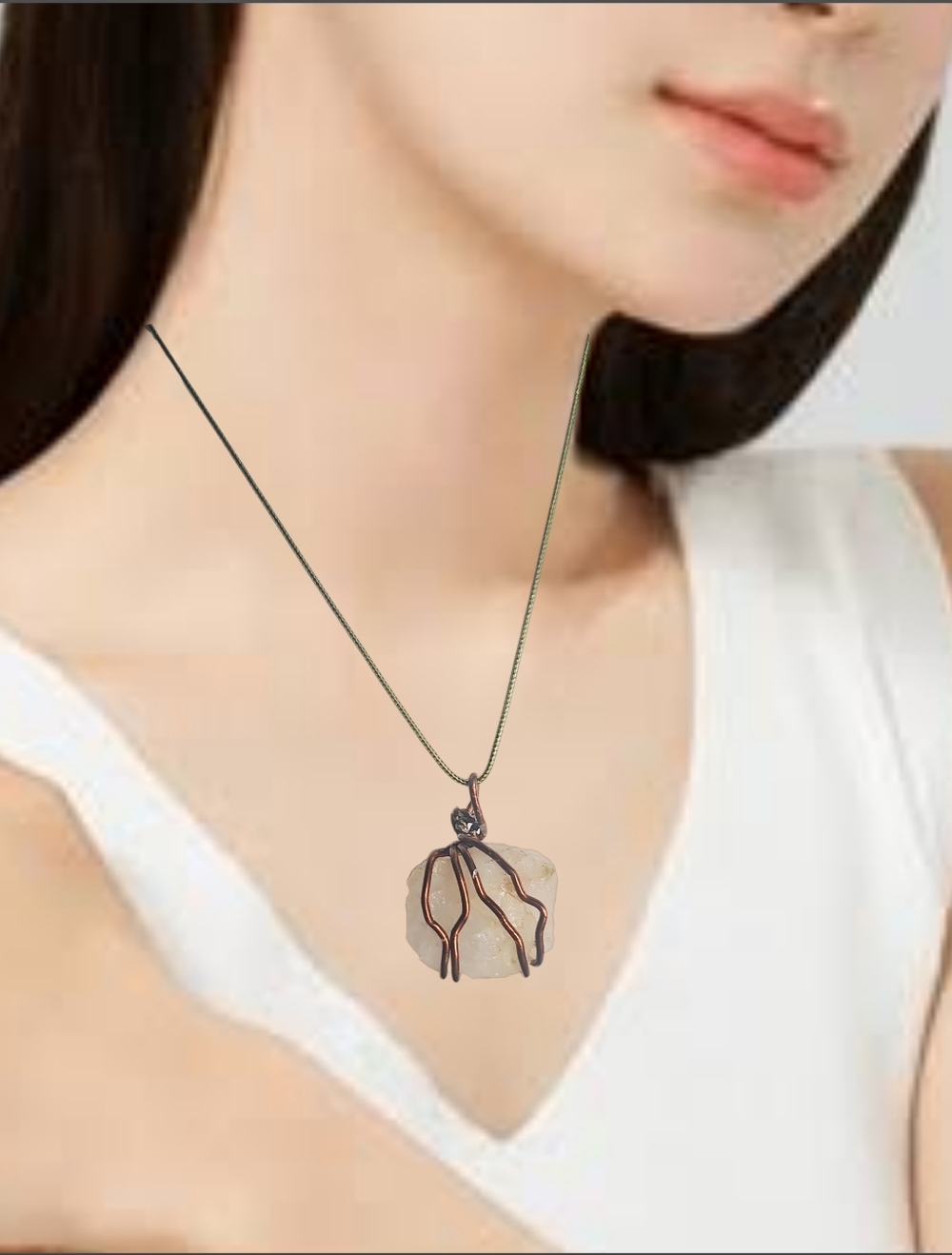 🙋 10/$20.  Chunky Light Pink Quartz Crystal Pendant w/Green Cord Necklace 18"